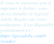 Si vous ne parvenez pas à imprimer le fichier, vous devez installer le logiciel Adobe Reader sur votre ordinateur, il est disponible gratuitement ici :  https://get.adobe.com/fr /reader/